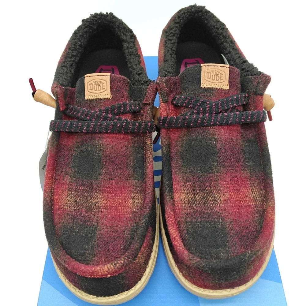 HEYDUDE Wally Cozy Plaid Men's Size 12 Red Plaid Black Slip On Shoes 44341-6RQ
